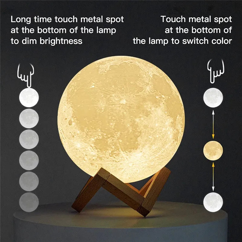 Dropship 3D Print Rechargeable Moon Lamp LED Night Light Creative Touch Switch Moon Light for Bedroom Decoration Birthday Gift